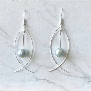 Silver Fish Earrings with Hanging Icy Blue Faux Pearl Bead